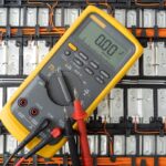 Yellow,Digital,Multimeter,With,Probes,On,Lithium,Ion,Battery,Background